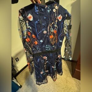 SHEIN Navy Floral Embroidered Mini Dress